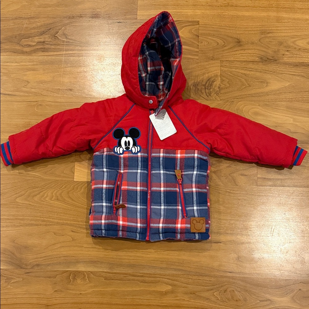 Disney Mickey Mouse Red and Blue Plaid Hooded Jacket size 2 NWT